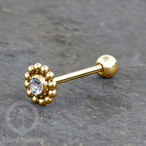 Anting tindik Lidah Stainless warna gold dengan kristal zircon. Crystal Tongue Piercing