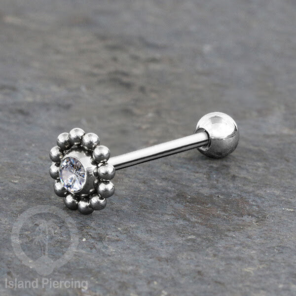 Anting tindik Lidah Stainless warna Silver dengan kristal zircon. Crystal Tongue Piercing
