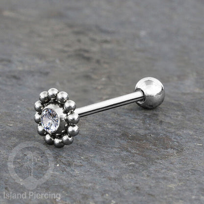 Anting tindik Lidah Stainless warna Silver dengan kristal zircon. Crystal Tongue Piercing