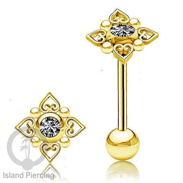 Anting tindik Lidah Stainless warna gold dengan kristal zircon. Crystal Tongue Piercing