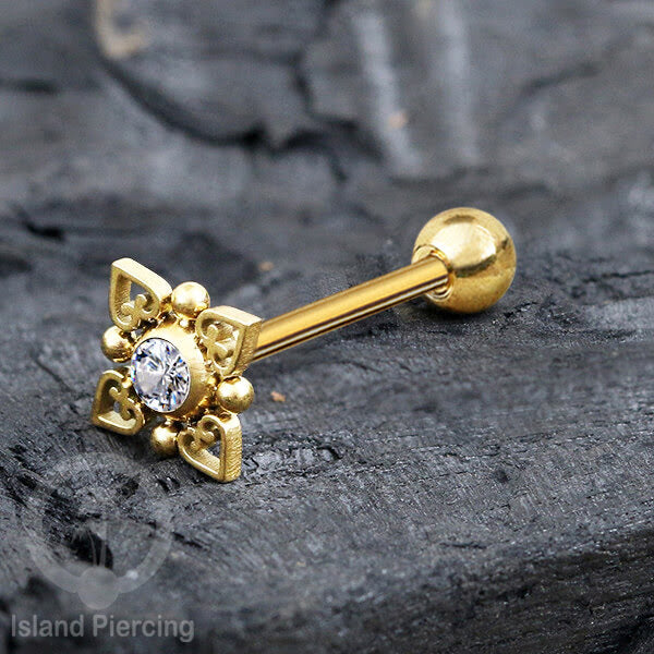 Anting tindik Lidah Stainless warna gold dengan kristal zircon. Crystal Tongue Piercing