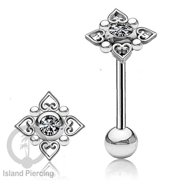 Anting tindik Lidah Stainless warna Silver dengan kristal zircon. Crystal Tongue Piercing