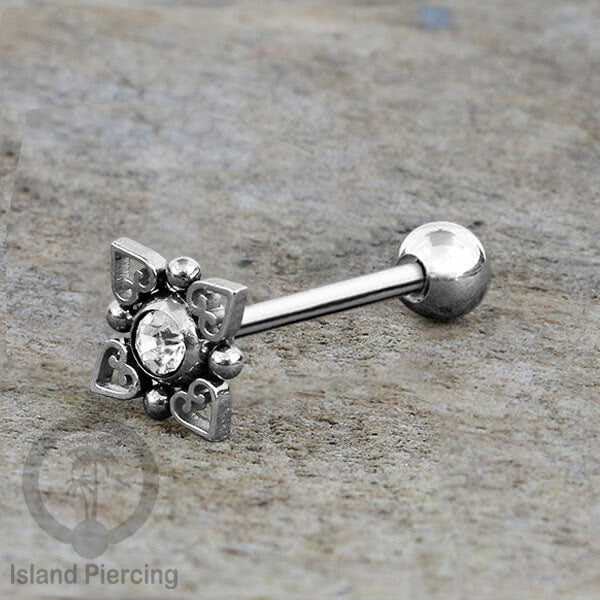Anting tindik Lidah Stainless warna Silver dengan kristal zircon. Crystal Tongue Piercing