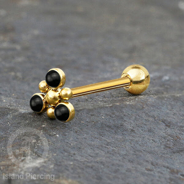 Tindik Lidah baja beda warna gold dengan 3 batu, Tongue bar Piercing with stones.