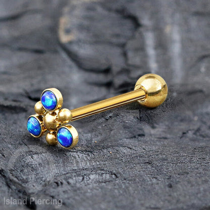 Tindik Lidah baja beda warna gold dengan 3 batu, Tongue bar Piercing with stones.