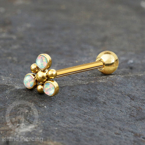 Tindik Lidah baja beda warna gold dengan 3 batu, Tongue bar Piercing with stones.