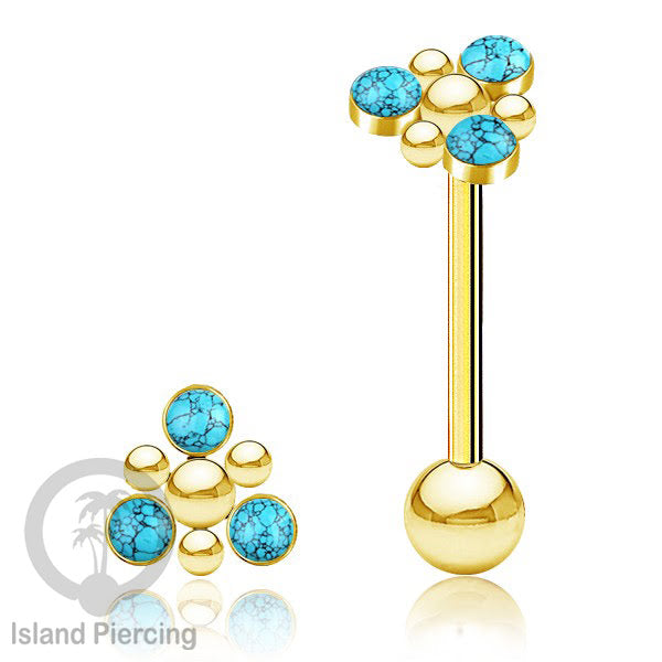 Tindik Lidah baja beda warna gold dengan 3 batu, Tongue bar Piercing with stones.
