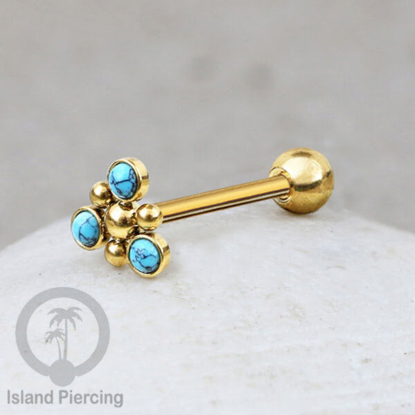 Tindik Lidah baja beda warna gold dengan 3 batu, Tongue bar Piercing with stones.
