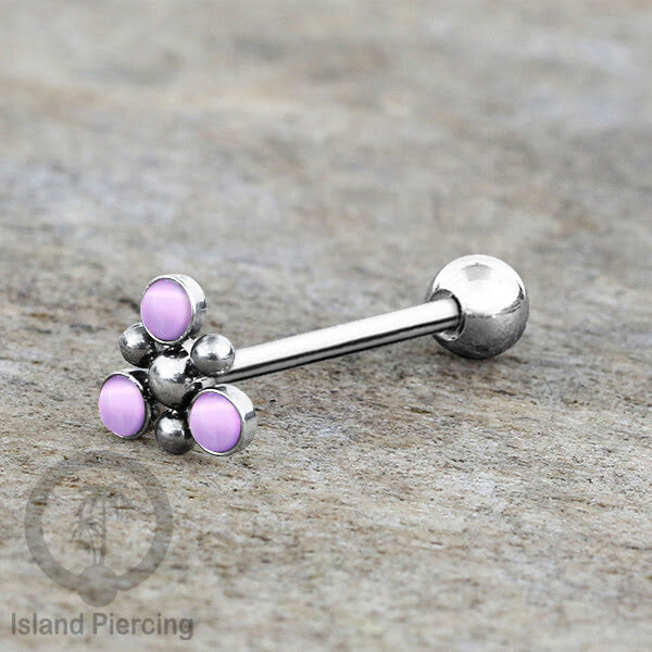 Tindik Lidah baja beda warna Silver dengan 3 batu, Tongue bar Piercing with stones.