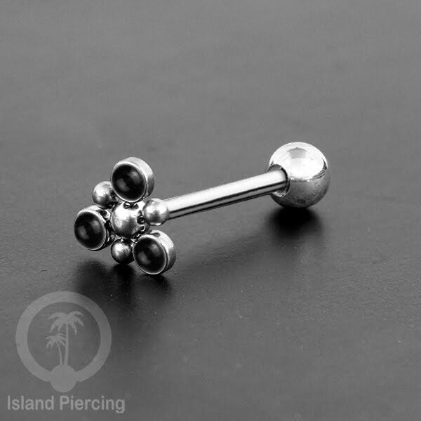 Tindik Lidah baja beda warna Silver dengan 3 batu, Tongue bar Piercing with stones.