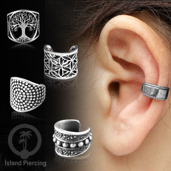 Anting Kuningan putih, perhiasan ear cuff, motif bali, flower of life , tree of life ,