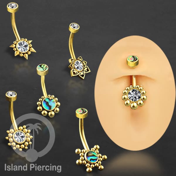 Anting Pusar/Navel Bar bahan stainless steel warna gold dengan Kristal atau Kerang laut