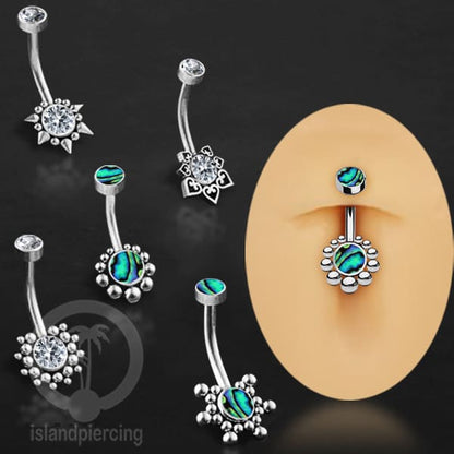 Anting Pusar/Navel Bar bahan stainless steel warna silver dekorasi Kristal atau Kerang laut asli