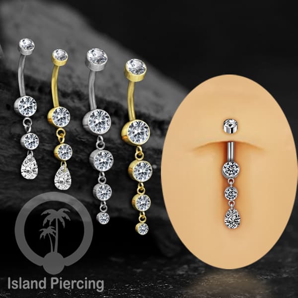 Anting Pusar/Navel Bar stainless steel dengan aneka Kristal Zirconia yang di gantung