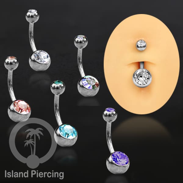 Anting Pusar/Navel Bar warna silver dengan model Kristal berwarna dan bening