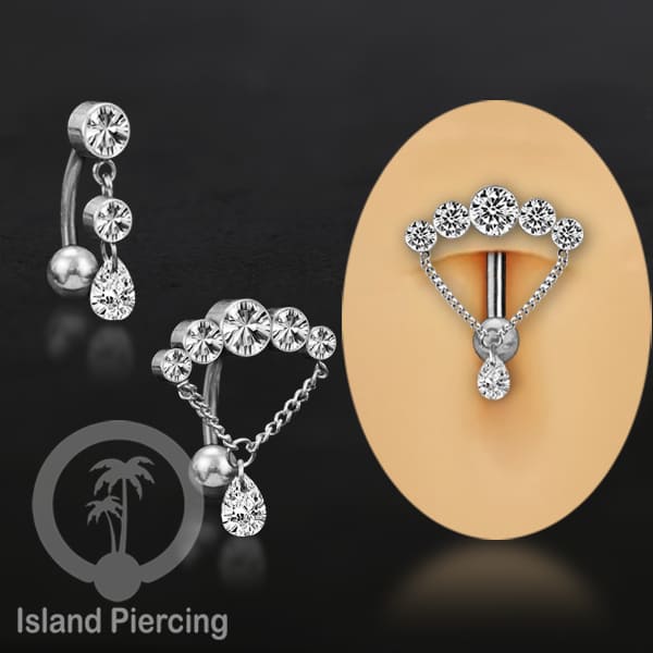 Anting Pusar/Navel Bar stainless steel untuk bagian atas pusat model pakai Kristal dan rantai gantung