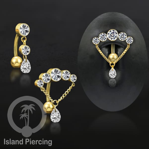 Anting Pusar/Navel Bar stainless steel untuk bagian atas pusat model pakai Kristal dan rantai gantung